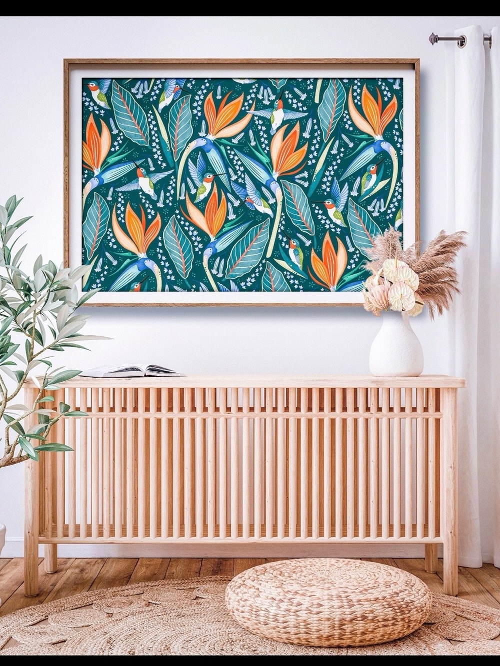 Framed Hummingbirds & Bird Of Paradise Fine Art Print 47” x 32” Cathrine Marion
